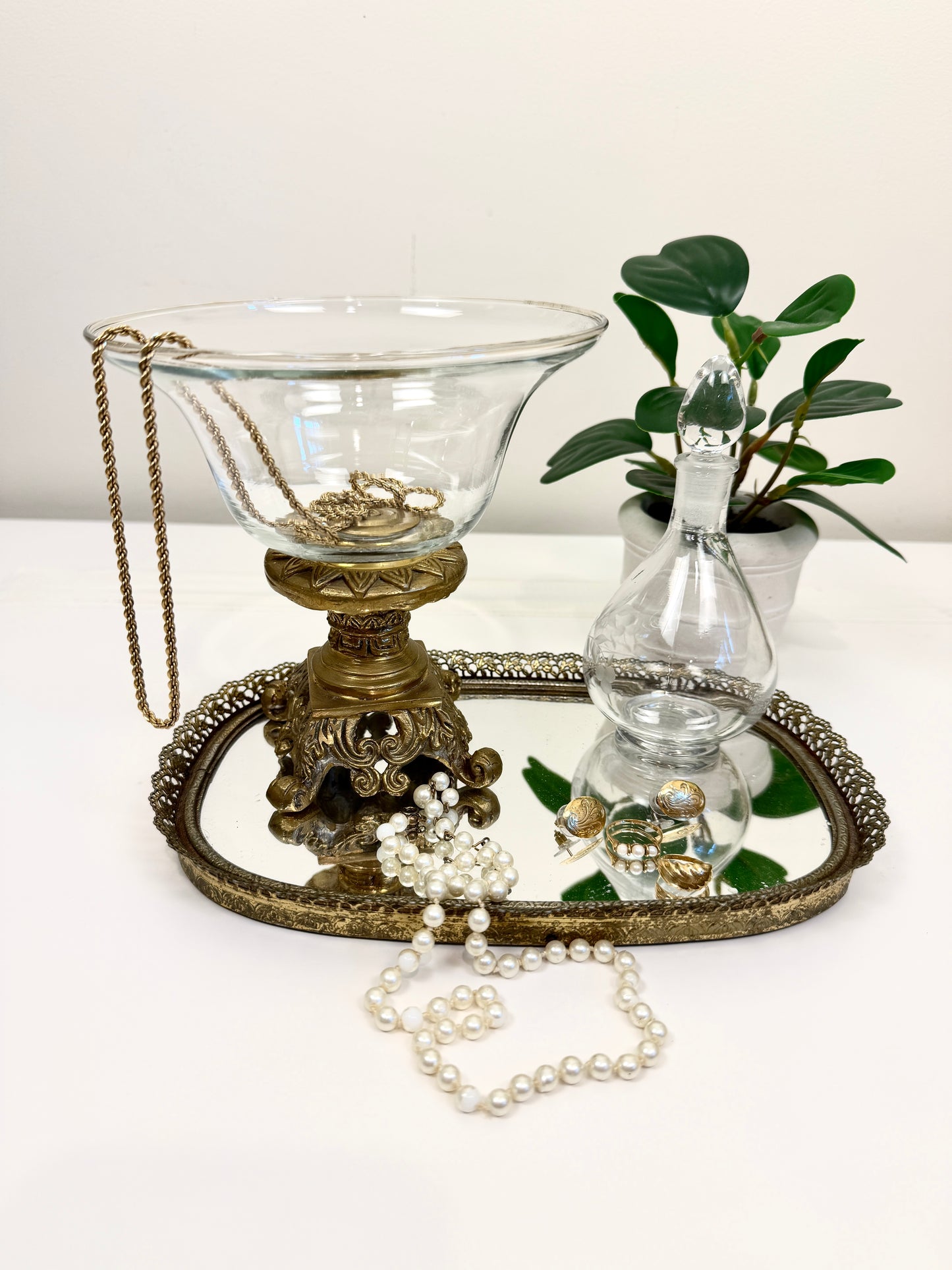 Vintage Glass Bowl on Ornate Brass Stand