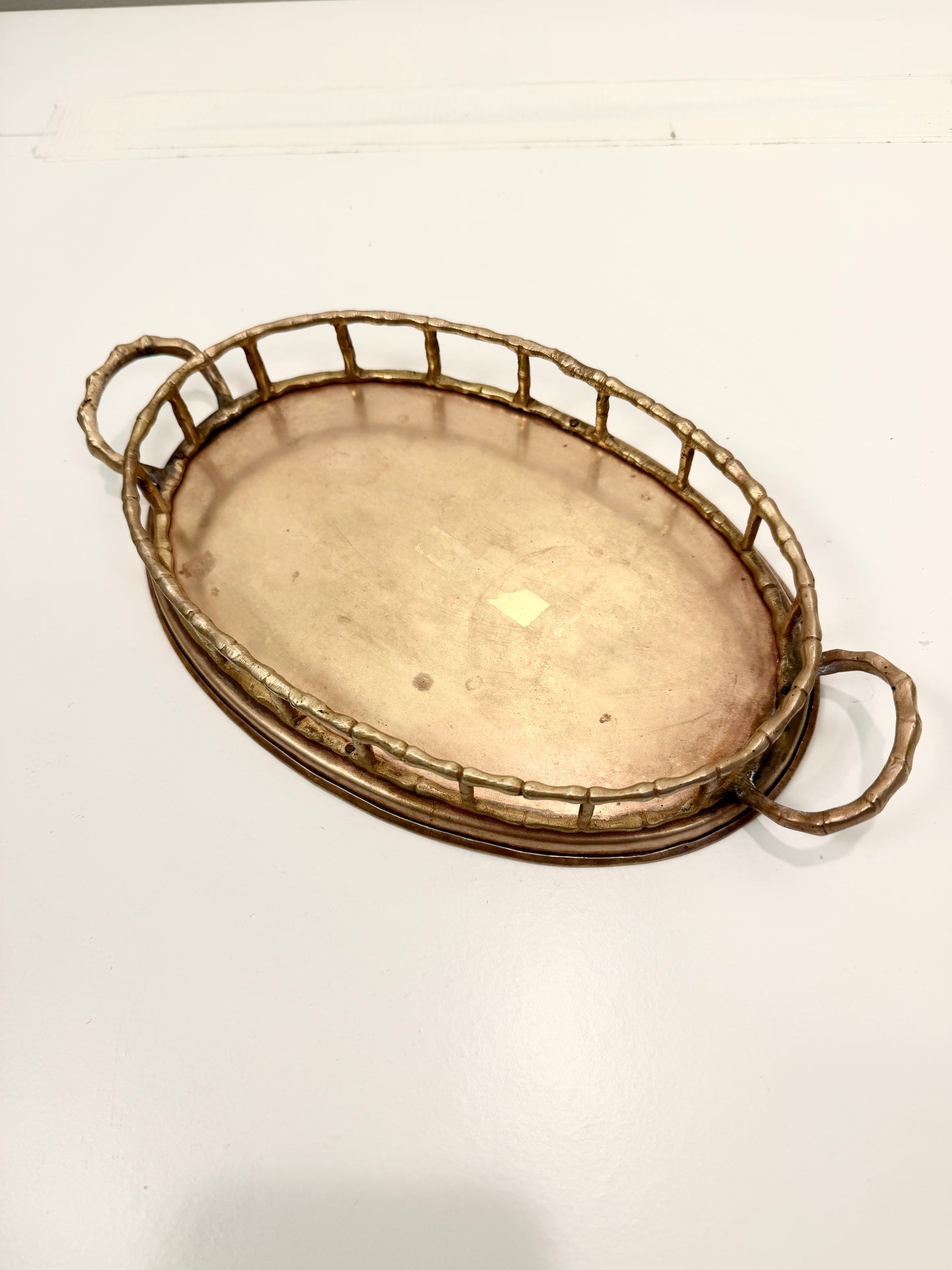 Vintage Brass Oval Tray: Bamboo Style