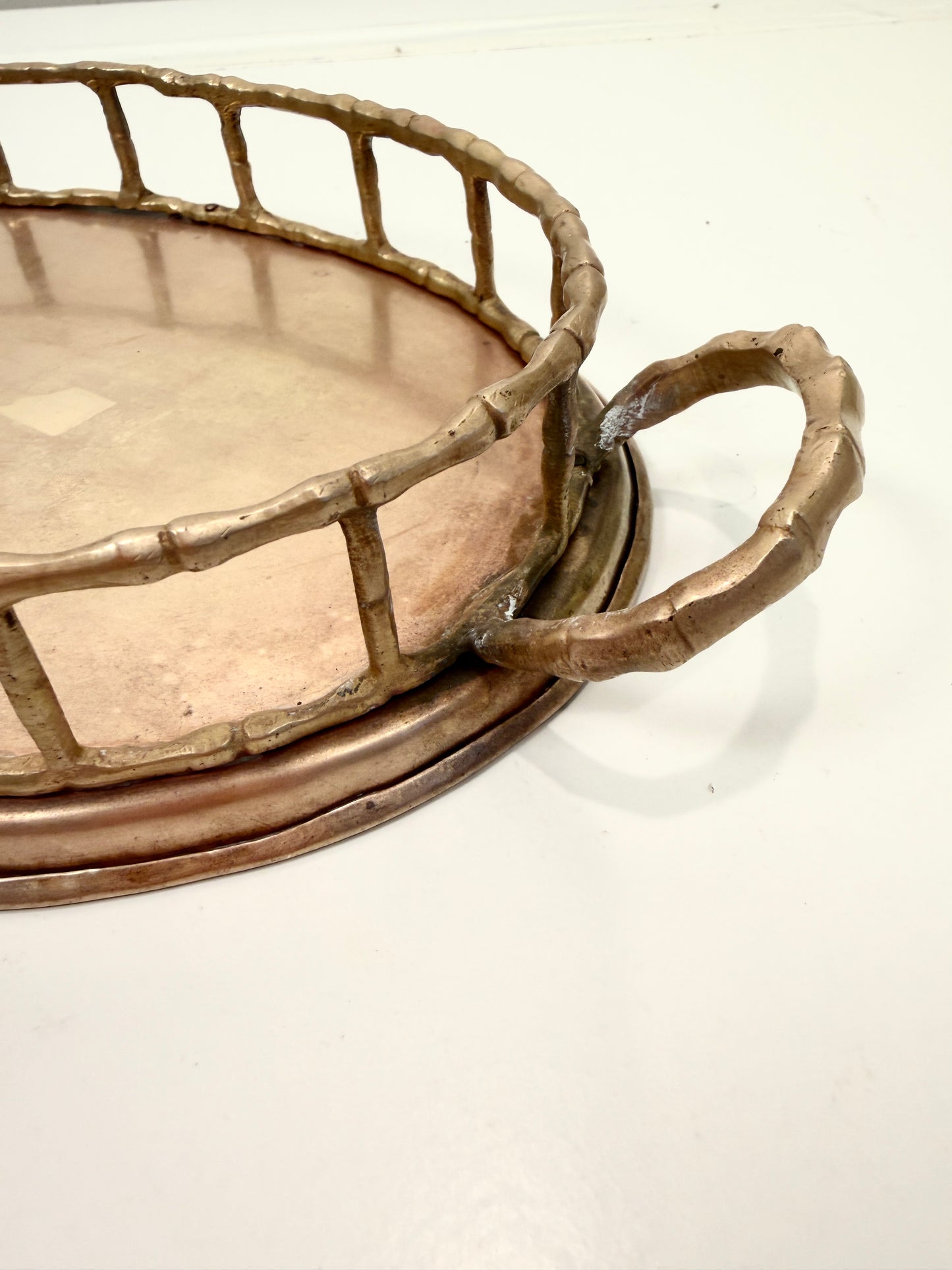 Vintage Brass Oval Tray: Bamboo Style