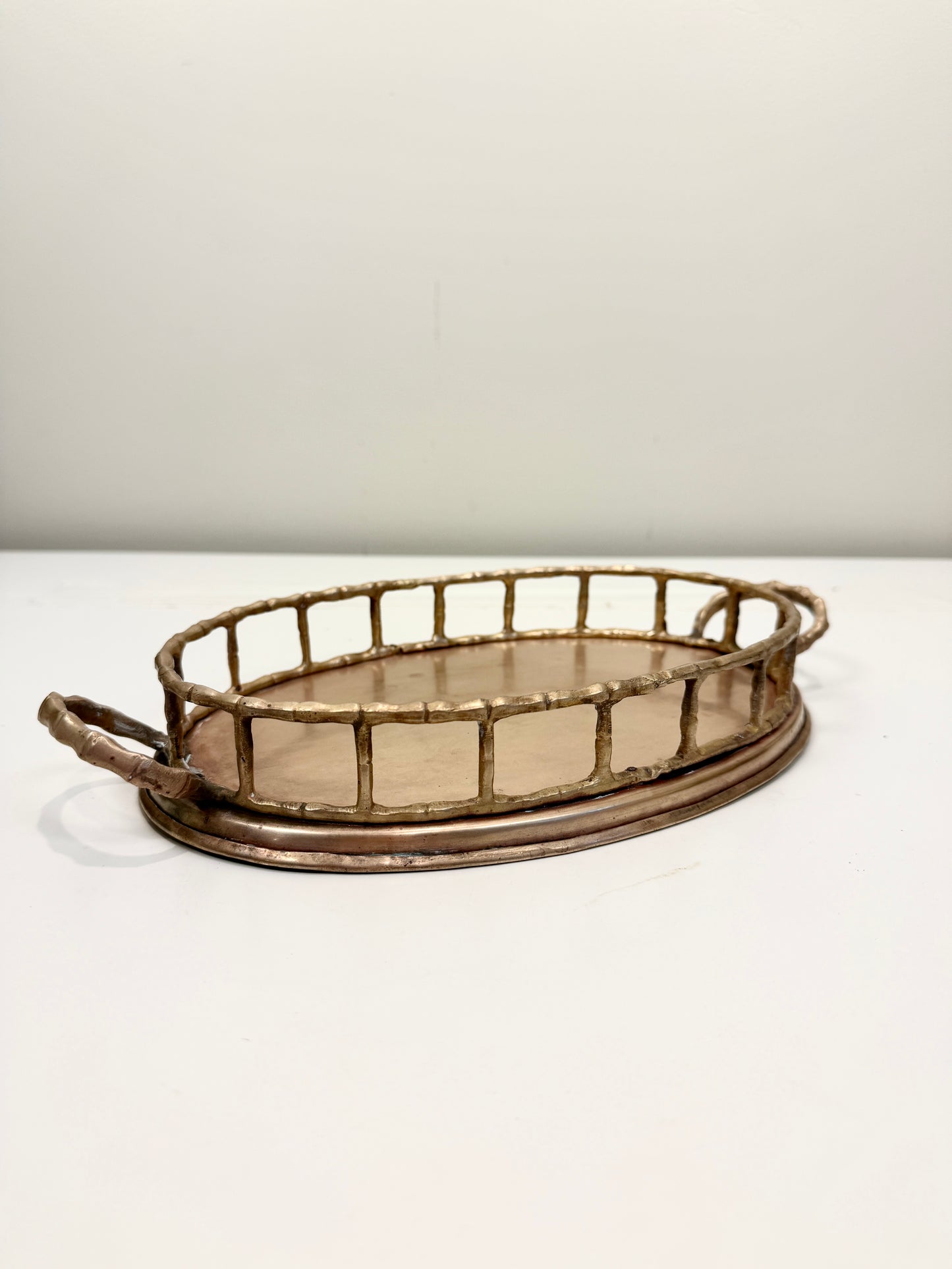 Vintage Brass Oval Tray: Bamboo Style