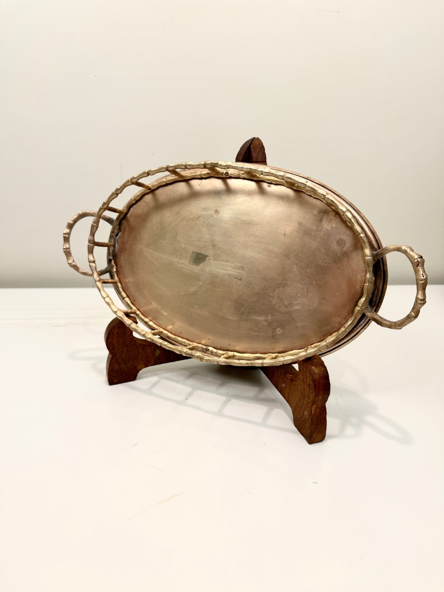 Vintage Brass Oval Tray: Bamboo Style