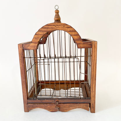 Antique Small Wood Birdcage for Hanging or Tabletop, Wood and WIre