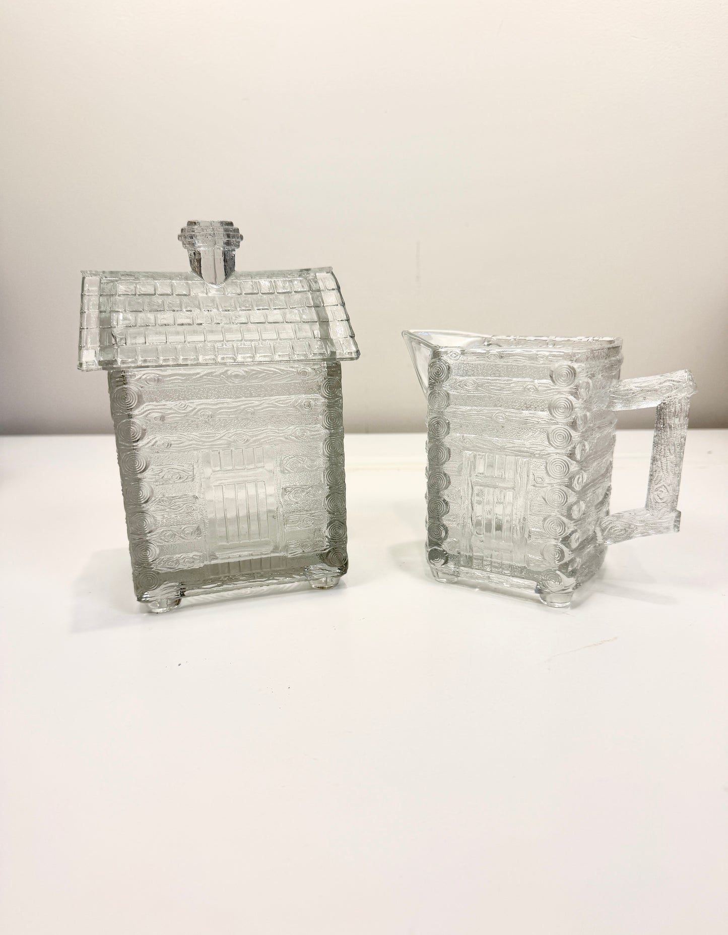 Vintage Glass Log Cabin Sugar and Creamer Set