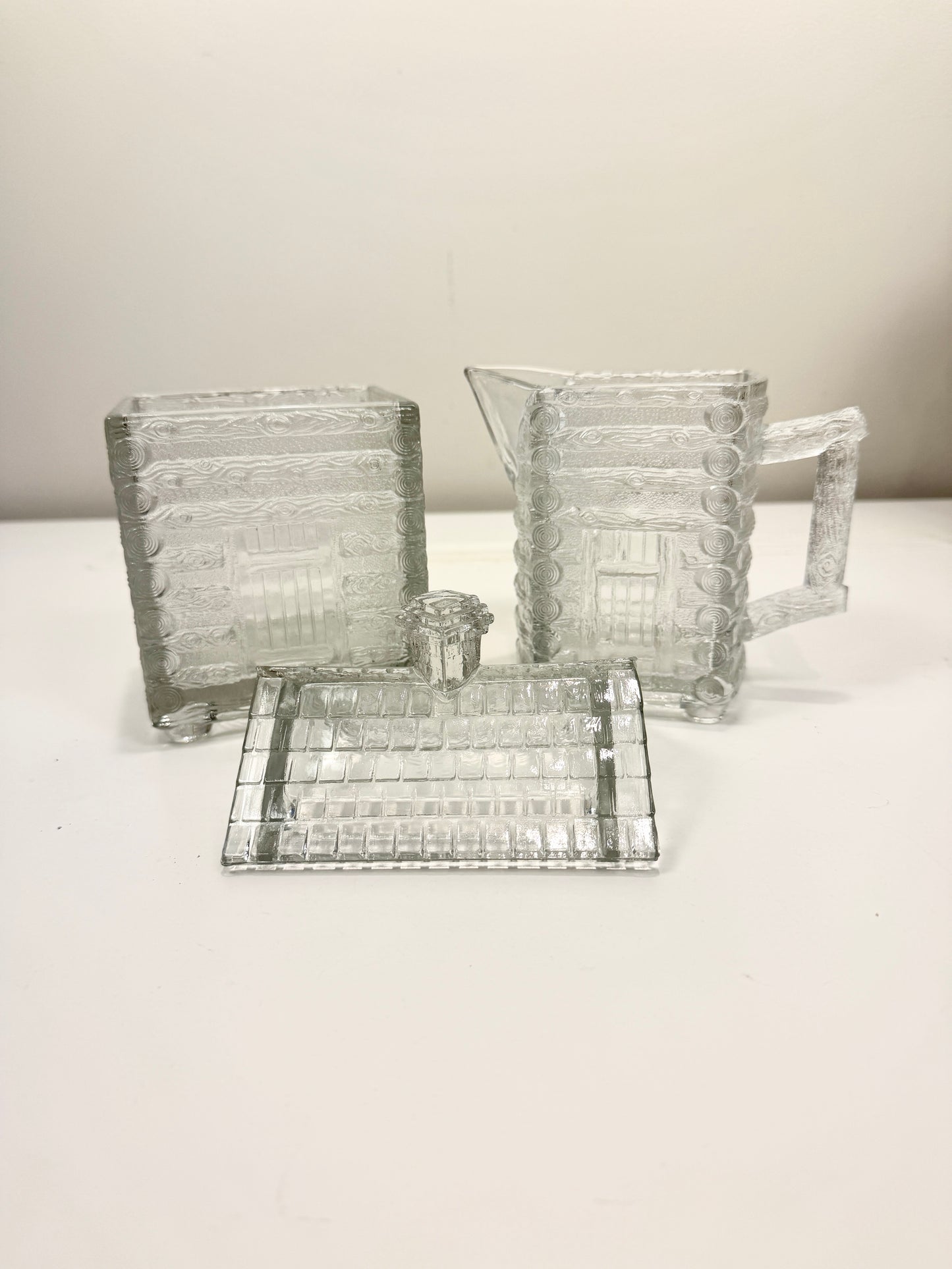 Vintage Glass Log Cabin Sugar and Creamer Set