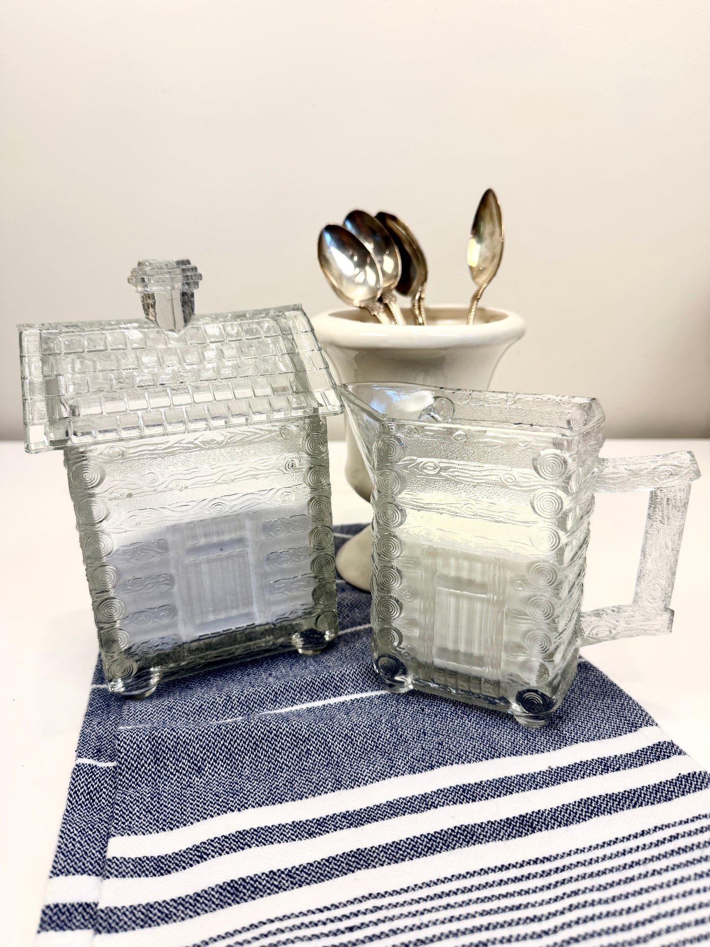 Vintage Glass Log Cabin Sugar and Creamer Set