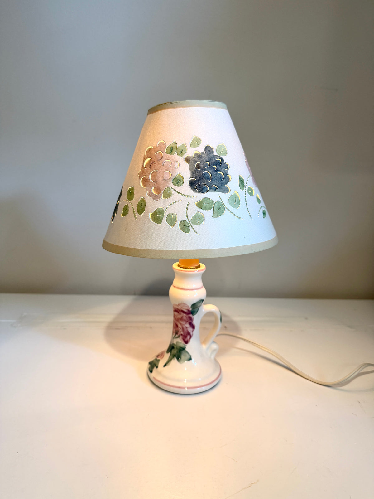 Vintage Bedside Lamp: Hand Painted with Pierced Shade