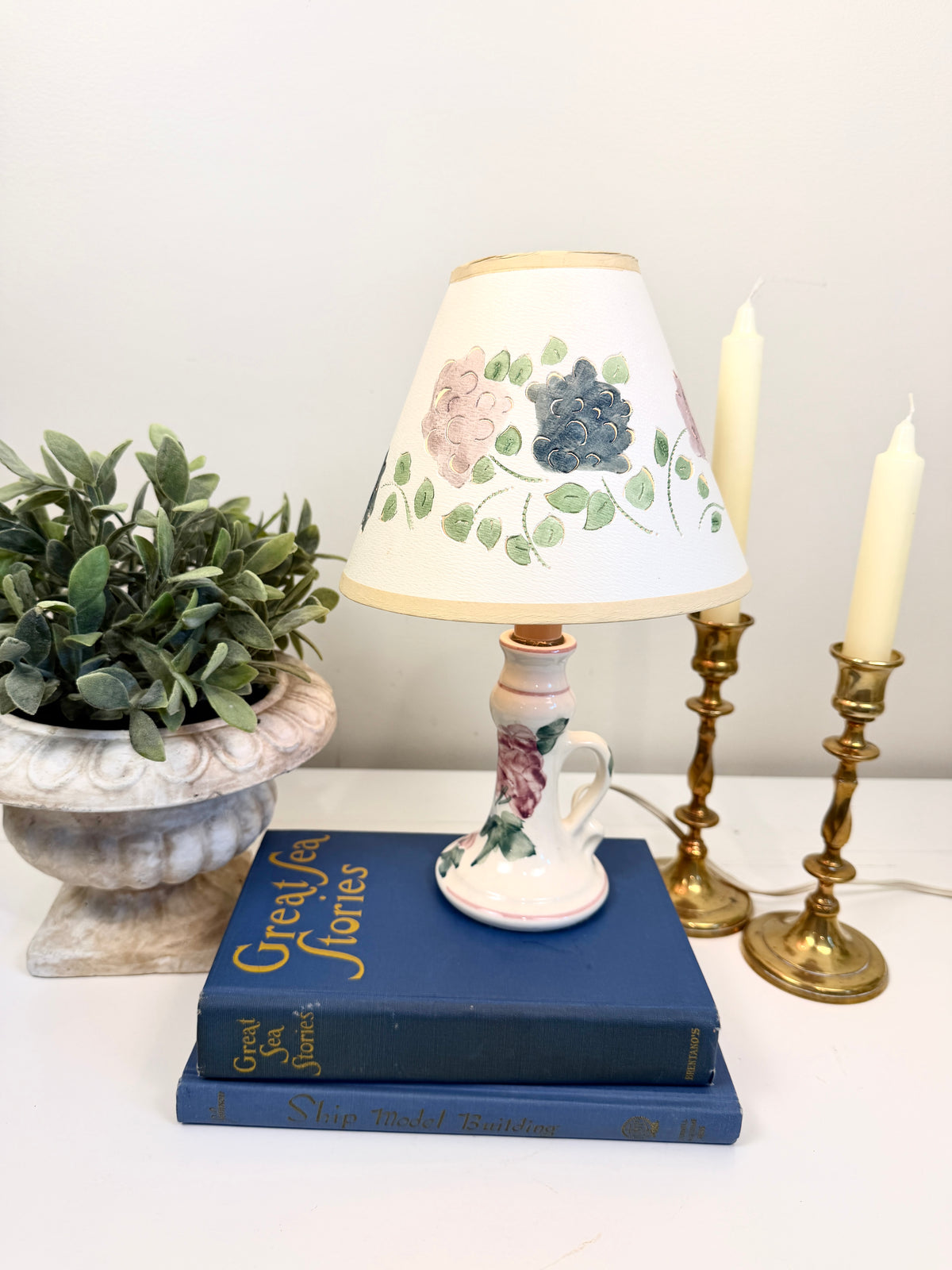 Vintage Bedside Lamp: Hand Painted with Pierced Shade