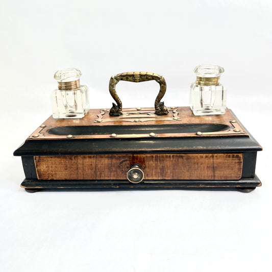 Vintage Wooden Desk Tray with Inkwells