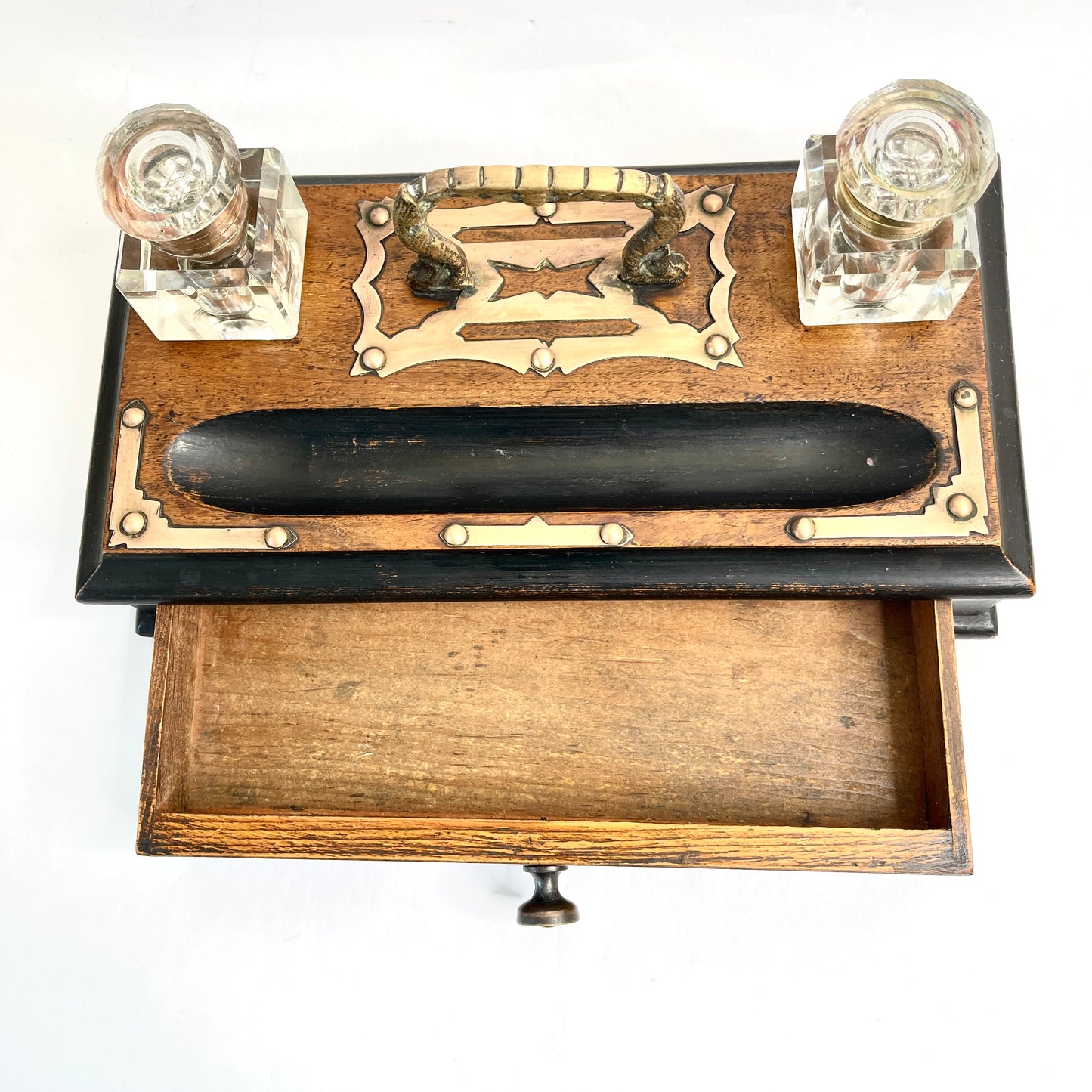 Vintage Wooden Desk Tray with Inkwells