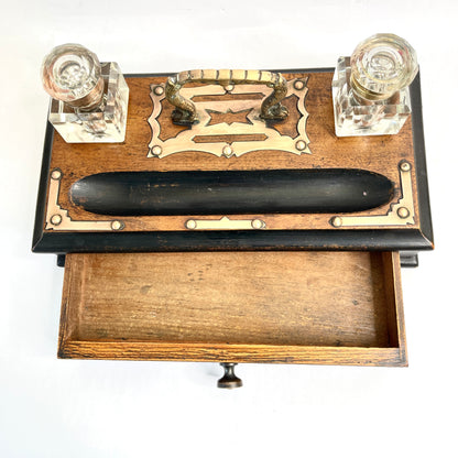 Vintage Wooden Desk Tray with Inkwells