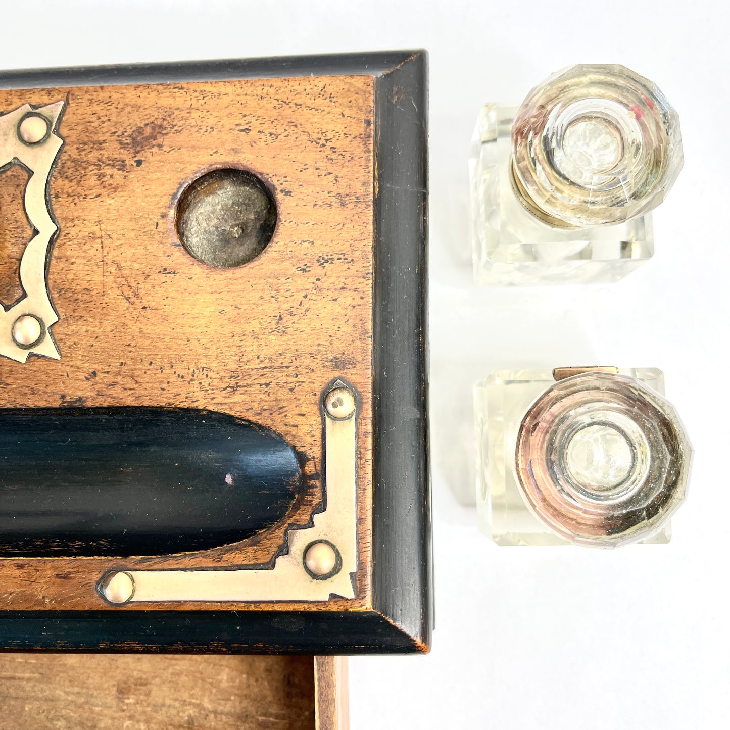 Vintage Wooden Desk Tray with Inkwells