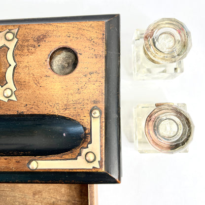 Vintage Wooden Desk Tray with Inkwells