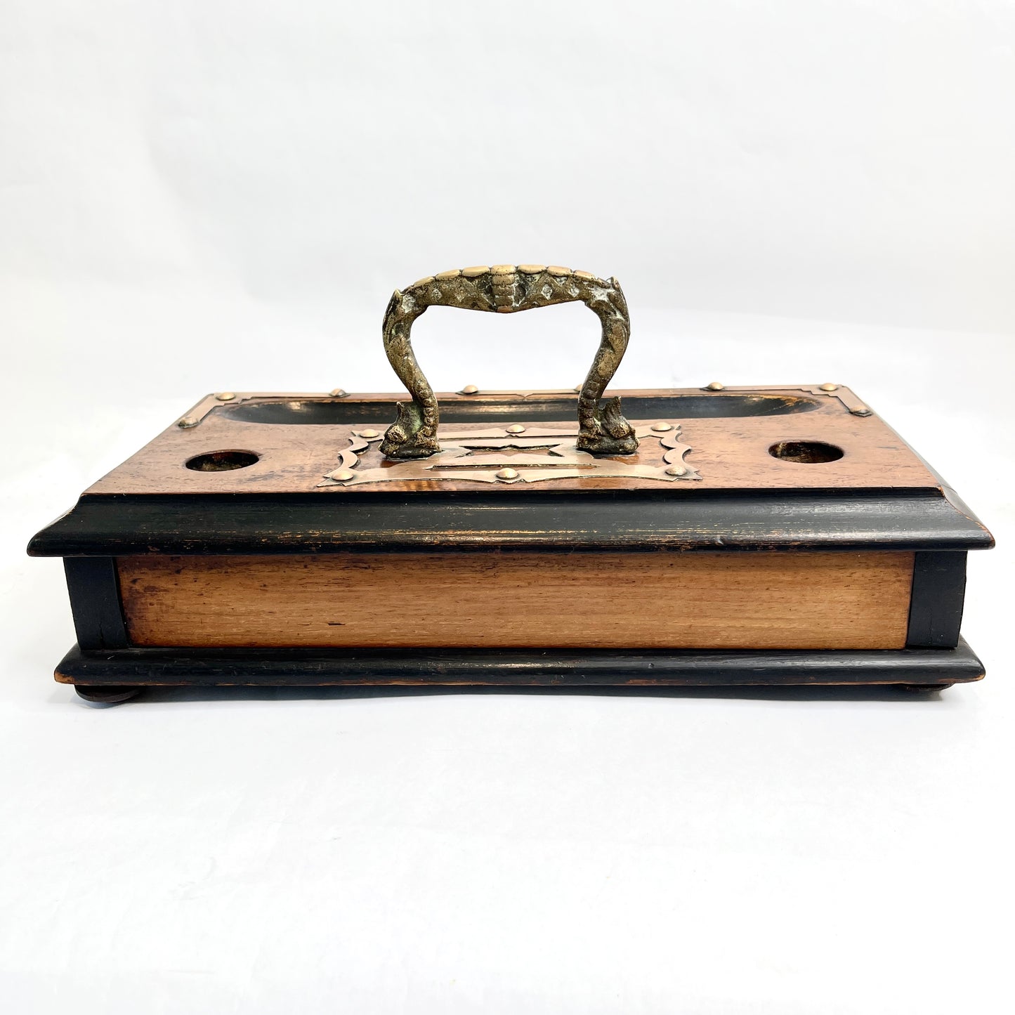 Vintage Wooden Desk Tray with Inkwells