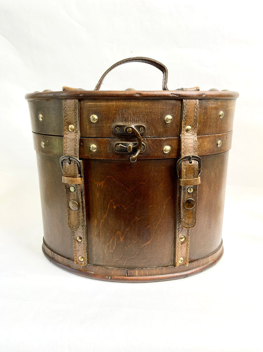 Vintage Wood and Leather Oval Hat Box with Lid