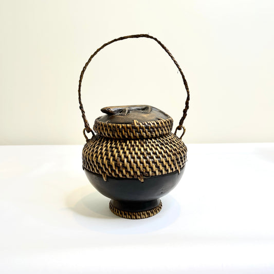 Vintage Wood Bowl with Handwoven Rattan and Lizard Detail