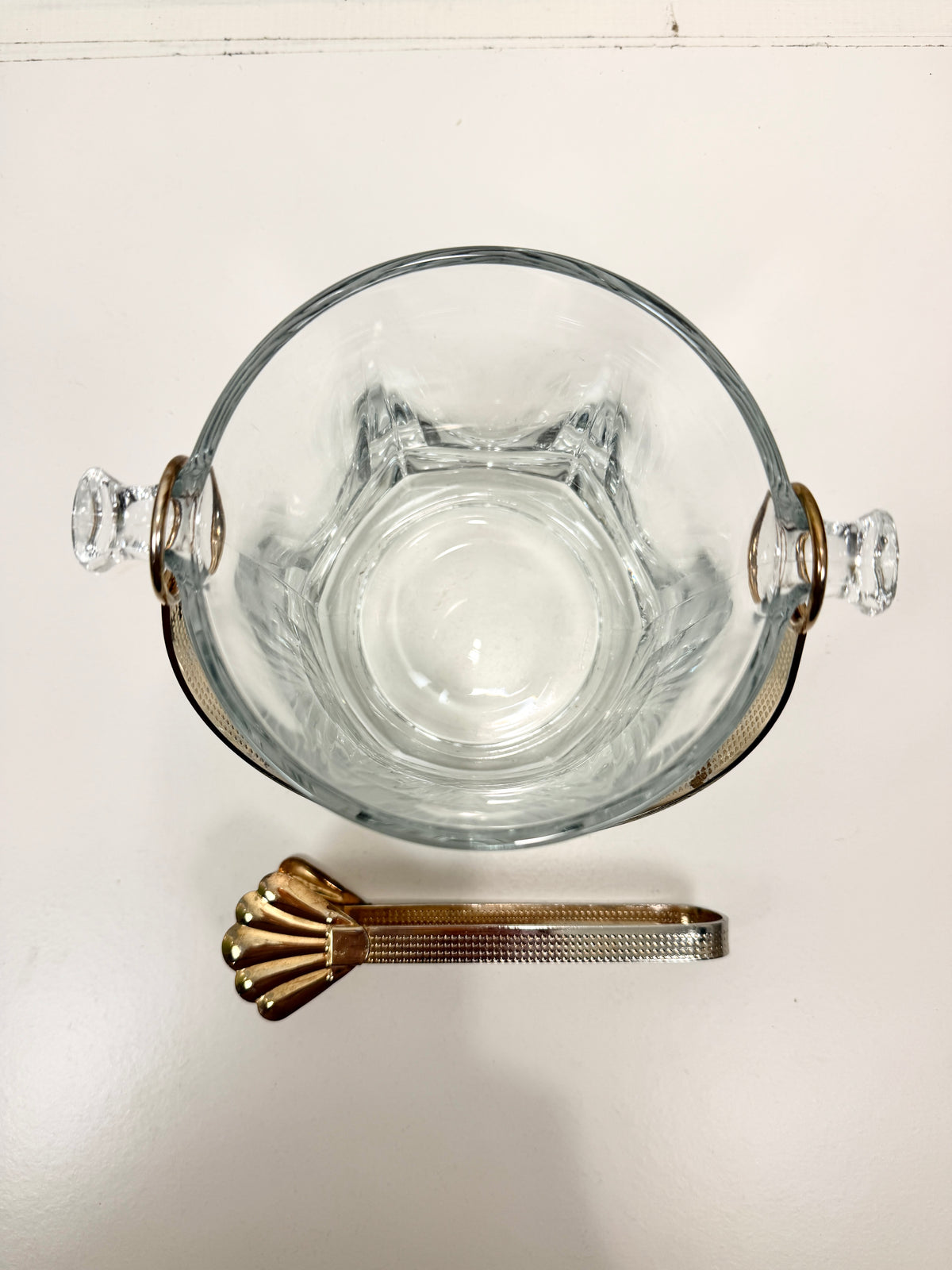 Vintage Glass Ice Bucket:  Cocktail Hour Barware with Brass Tone Handle and Tongs