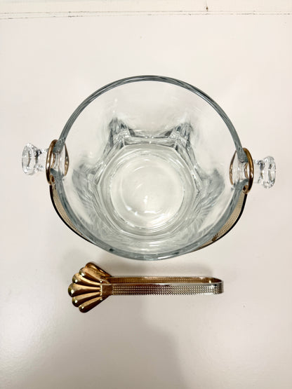 Vintage Glass Ice Bucket:  Cocktail Hour Barware with Brass Tone Handle and Tongs