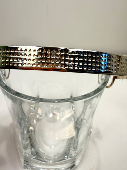 Vintage Glass Ice Bucket:  Cocktail Hour Barware with Brass Tone Handle and Tongs