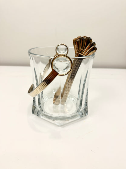 Vintage Glass Ice Bucket:  Cocktail Hour Barware with Brass Tone Handle and Tongs