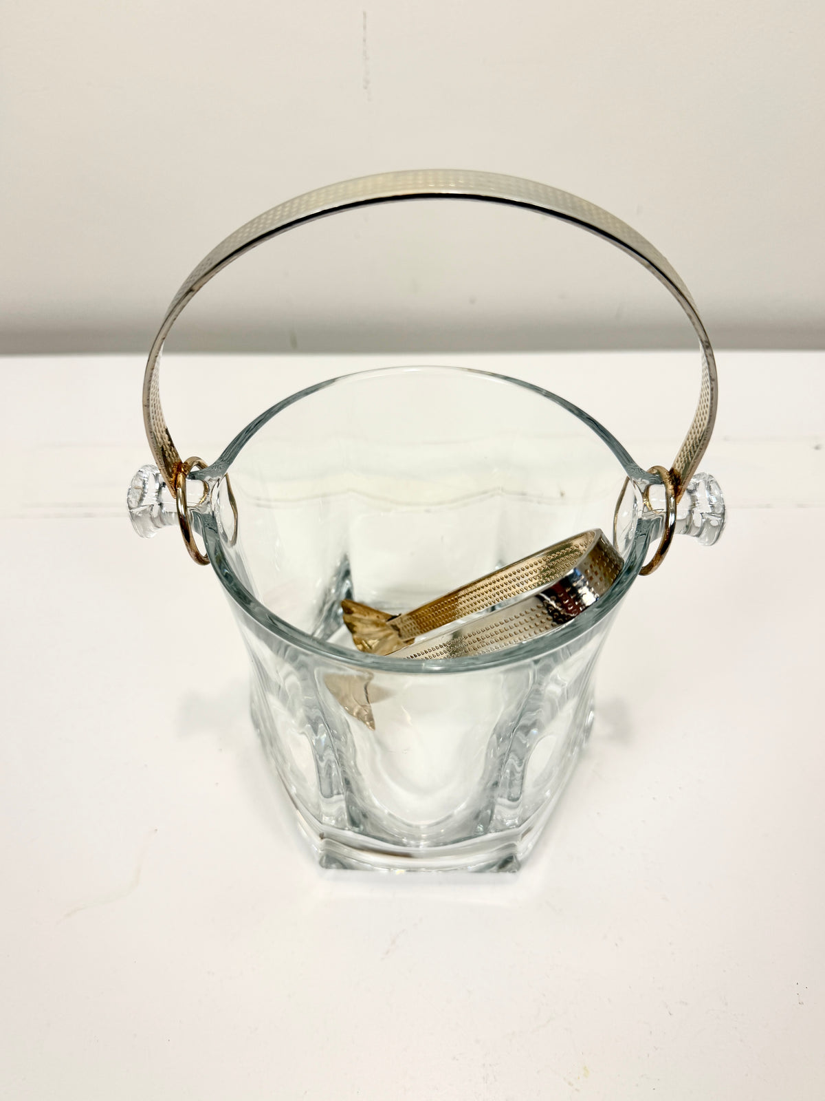 Vintage Glass Ice Bucket:  Cocktail Hour Barware with Brass Tone Handle and Tongs