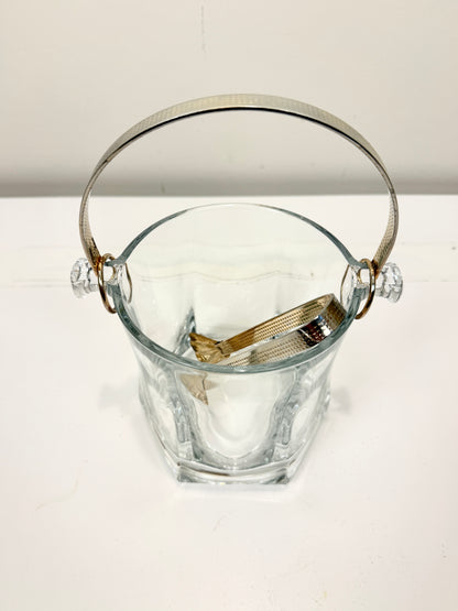 Vintage Glass Ice Bucket:  Cocktail Hour Barware with Brass Tone Handle and Tongs