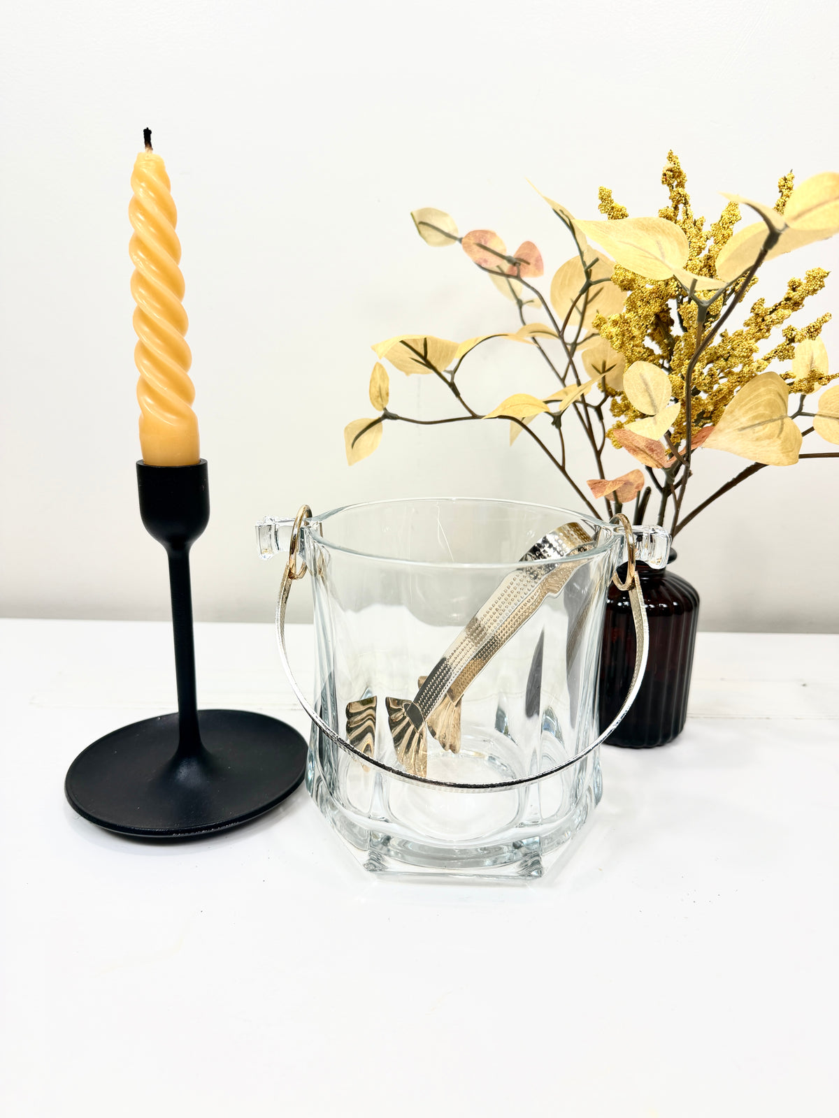 Vintage Glass Ice Bucket:  Cocktail Hour Barware with Brass Tone Handle and Tongs