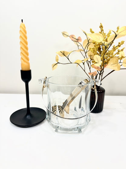 Vintage Glass Ice Bucket:  Cocktail Hour Barware with Brass Tone Handle and Tongs