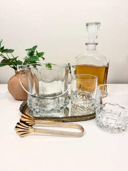 Vintage Glass Ice Bucket:  Cocktail Hour Barware with Brass Tone Handle and Tongs