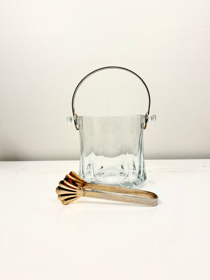 Vintage Glass Ice Bucket:  Cocktail Hour Barware with Brass Tone Handle and Tongs