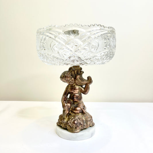 Vintage Crystal Bowl on Ornate Stand and Marble Base