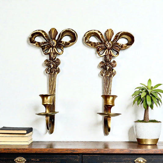 Vintage Brass Candle Sconces: Bow Design