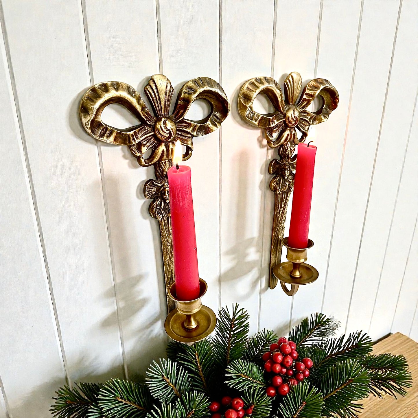 Vintage Brass Candle Sconces: Bow Design