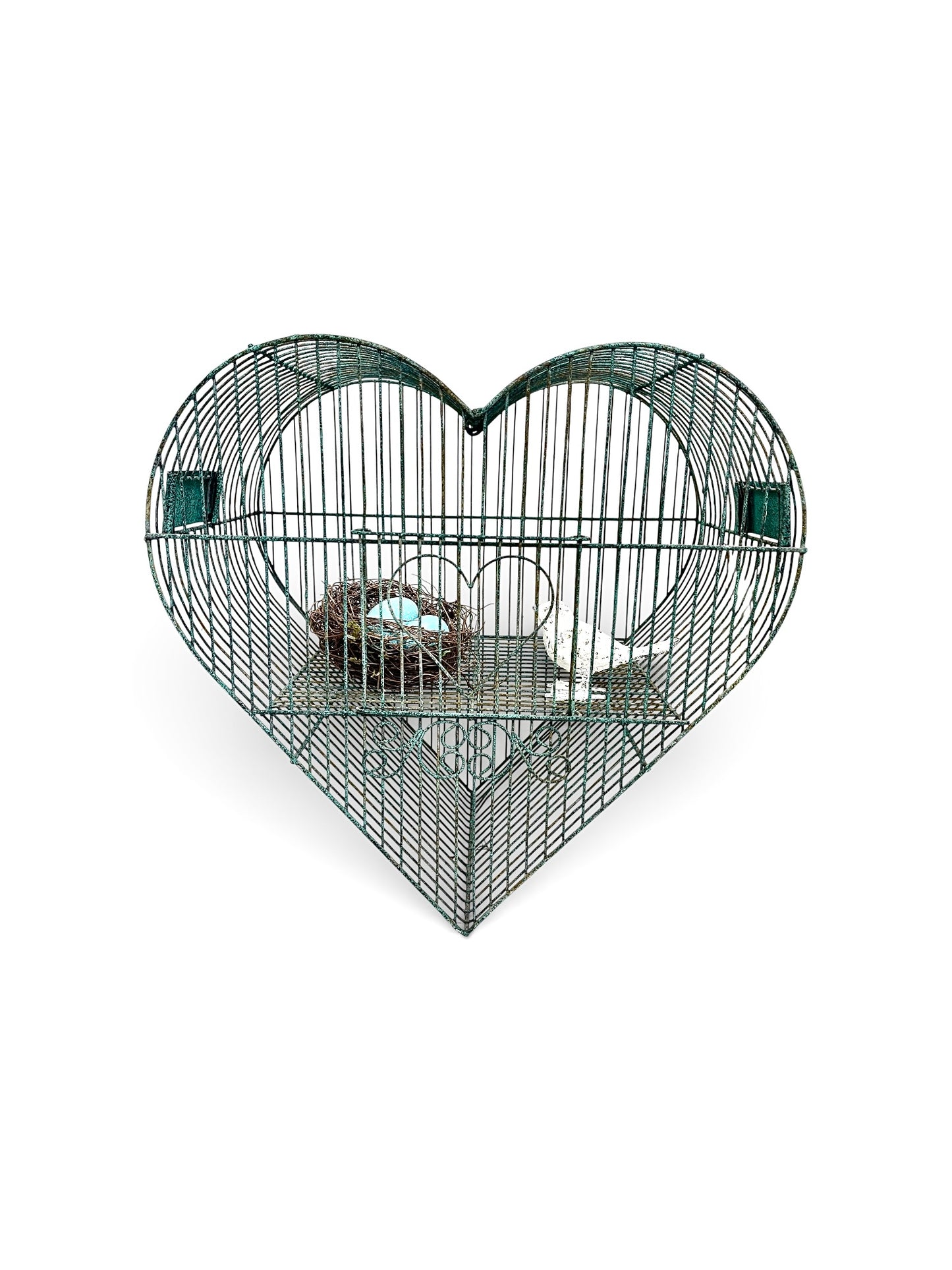 Vintage Heart Birdcage with Hanger: Green Wrought Iron