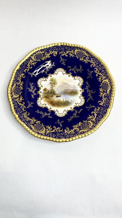 Antique Coalport Signed Cobalt and Gold Plate with Scenic Image