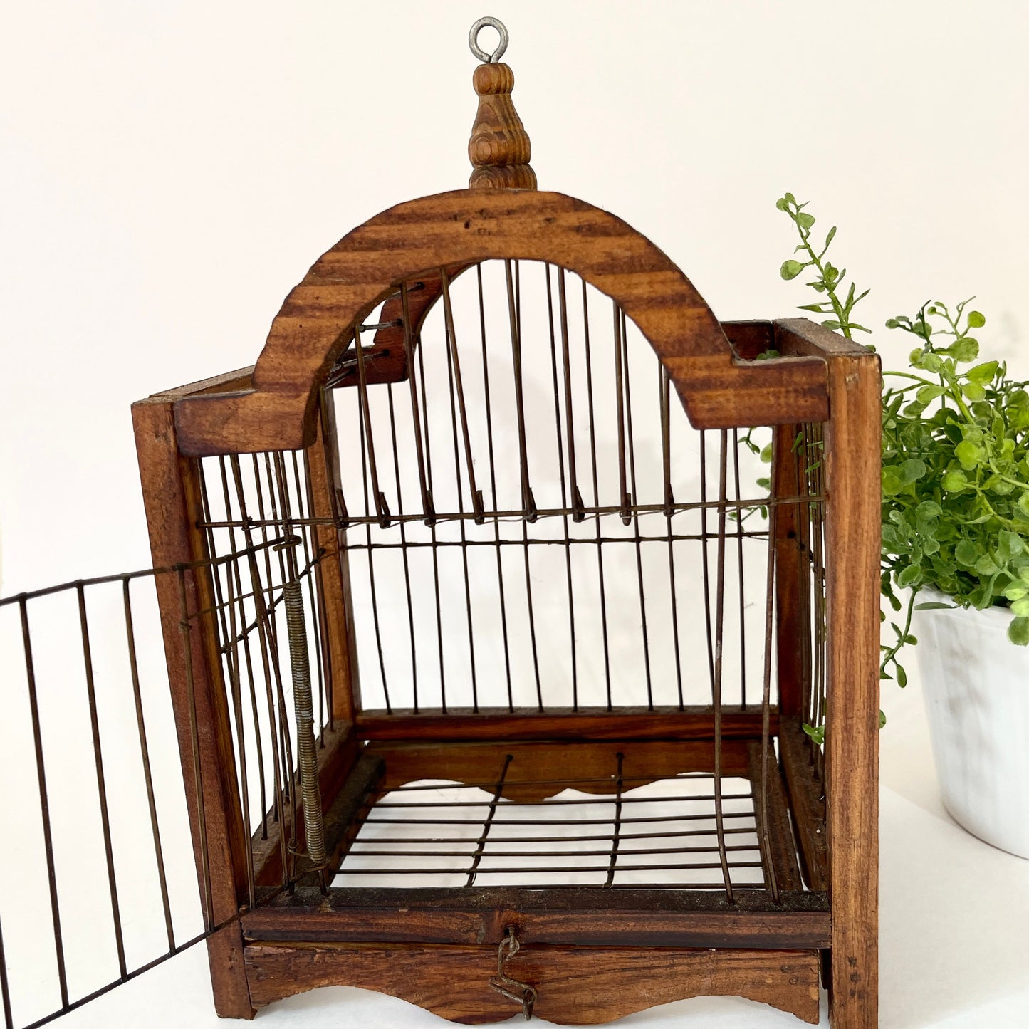 Antique Small Wood Birdcage for Hanging or Tabletop, Wood and WIre